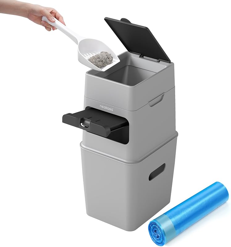 PooGuard - Pattumiera per lettiera per gatti, da 9,2 l, per lettiera di gatti, escrementi di cani e pannolini, con finestra, apertura più ampia e sacchetto di ricarica per 4 mesi (grigio)