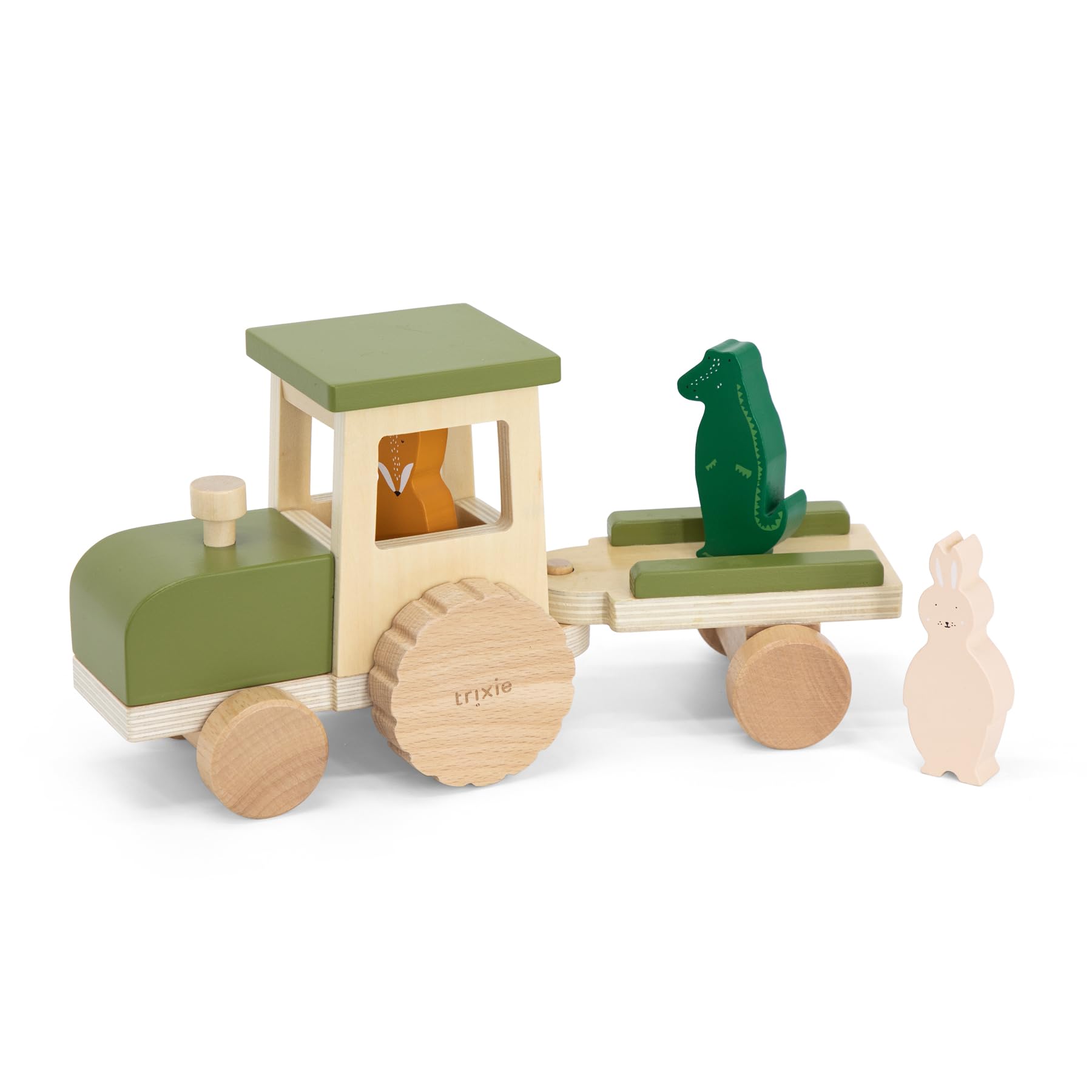 Trixie Wooden Tractor with Trailer – FSC Certified Wood Educational Toy with Animal Designs –Fun for Toddlers and Preschoolers - 18m+