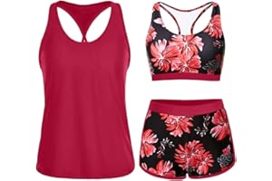 Yonique 3 Piece Athletic Tankini Swimsuits for Women with Shorts Swim Tank Tops with Sports Bra and Boyshorts Bathing Suits