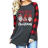 SFHFY Christmas Shirts for Women: Gnomes Plaid T-Shirt Xmas Long Sleeve Raglan Tee Holiday Vacation Pullover Tops