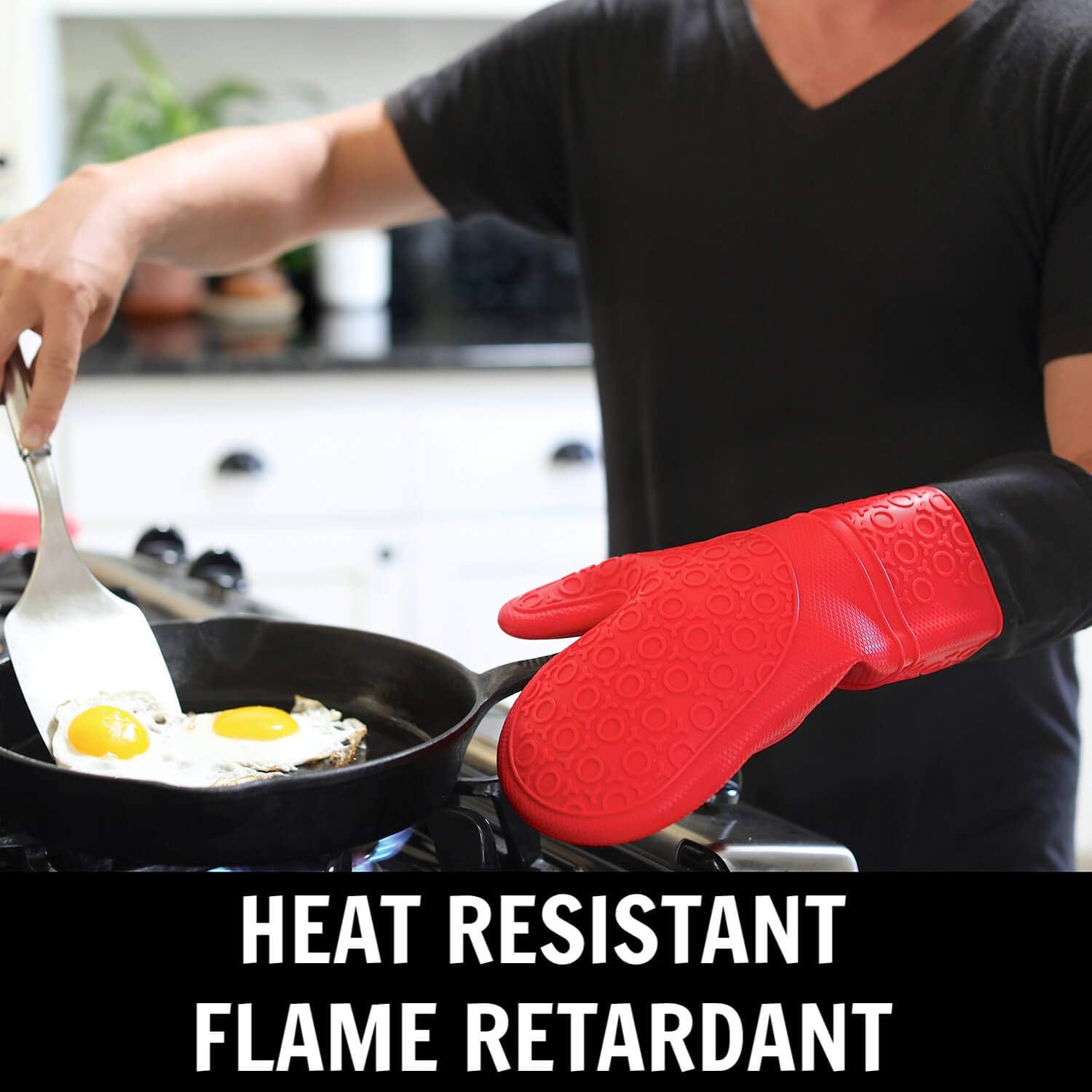 HOMWE Extra Long Professional Silicone Oven Mitt, Oven Mitts with Quilted Liner, Heat Resistant Pot Holders, Flexible Oven Gloves, Red, 1 Pair, 14.7 Inch: Kitchen & Dining