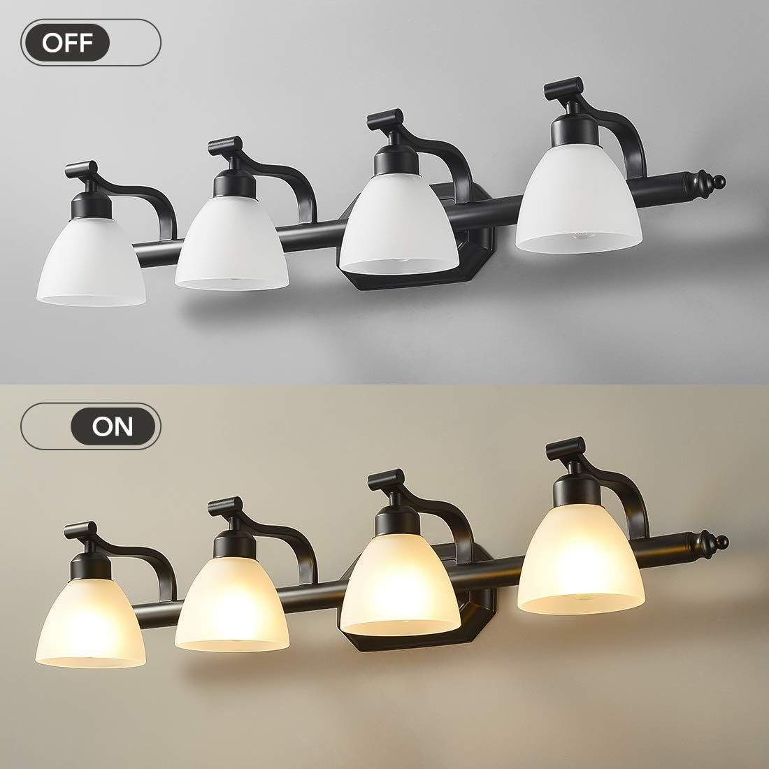 KODYE Vanity Lights, Classic Black Light fixtures, Bathroom Lights Over Mirror with White Frosted Glass Shade, Up and Down Bathroom Lights Perfect for Wall Mounted (Bathroom Vanity Lights 4 Lights): Home Improvement