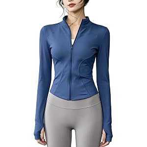 Workout Jackets for Woman Running Jacket with Thumb Holes Zip Up Slim Fit Long Sleeve Athletic Track Top Coat Yoga Gym