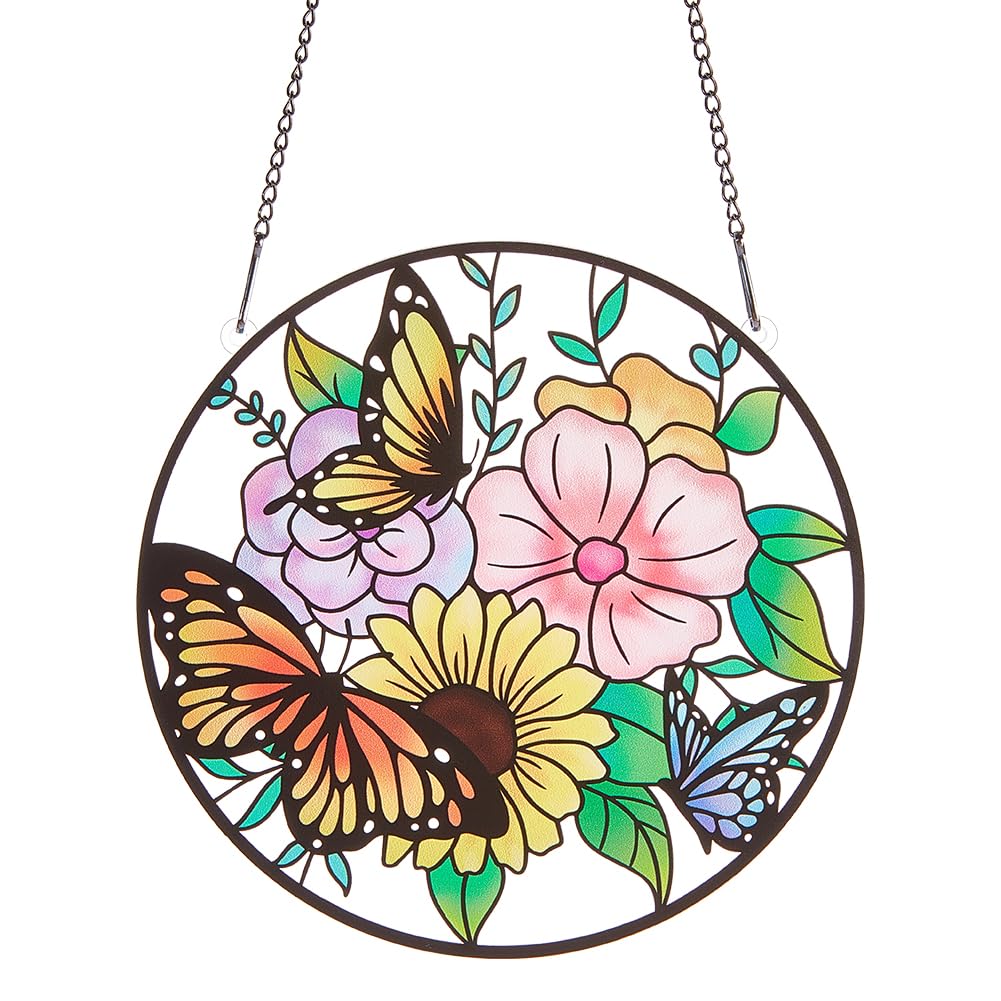 PLIGREAT Suncatchers Butterfly Flower Acrylic Stained Glass Sun Catcher Summer Hanging Ornament for Bedroom Living Room Wall Window Decoration Patio Garden Tree Decor Housewarming Memorial Gifts