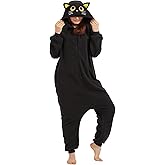 AMAMHAHAVA Cozy Black Cat Onesie Pajamas for Adults Halloween Costume One-Piece Cosplay Christmas Sleepwear