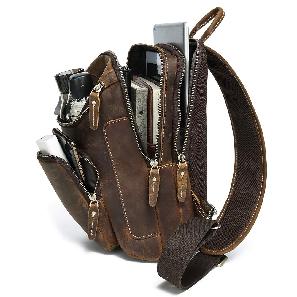 LANNSYNE Vintage Full Grain Leather Sling Bag Crossbody Chest Daypack