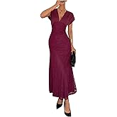 Milumia Women's Floral Lace V Neck Cap Sleeve Maxi Dress Ruched Bodycon Wedding Guest Dresses