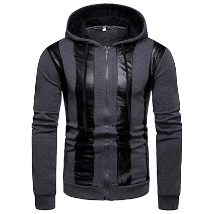 Dorical Jacke Herren Herbst Winter Slim Fit Freizeit Outwear Patchwork Nähjacke aus Kunstleder Langarm Kapuzenpullover T-Shir