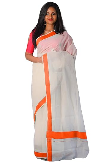 Kerala Saree with Plain Orange Border