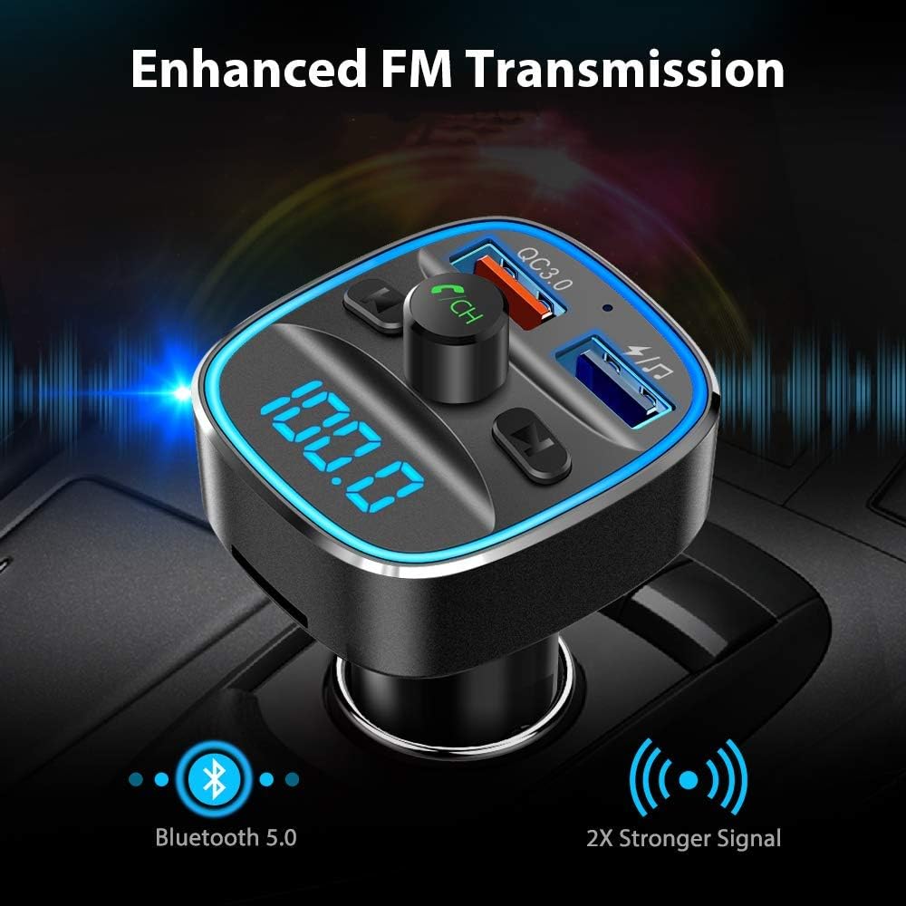 Nulaxy Bluetooth FM Transmitter for Car, QC3.0 & 7 Colors LED Backlit Car Radio Bluetooth Adapter Music Player Hands Free Car Kit with SD Card Slot, Supports USB Flash Drive - NX10 (Black): Electronics