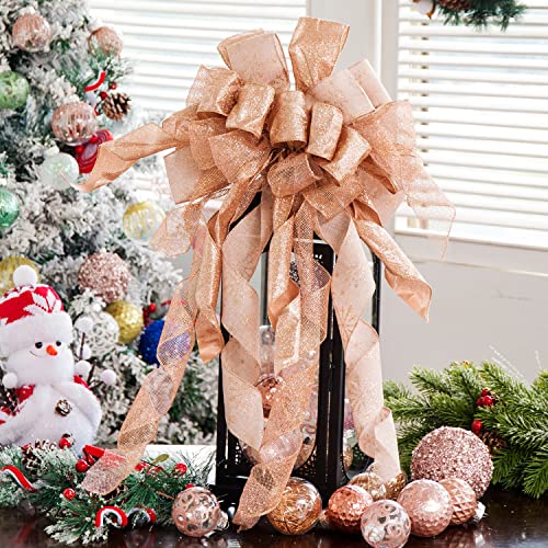 Rose Gold Christmas Tree Topper,Topper Bow,13x34inch with Glitter Satin