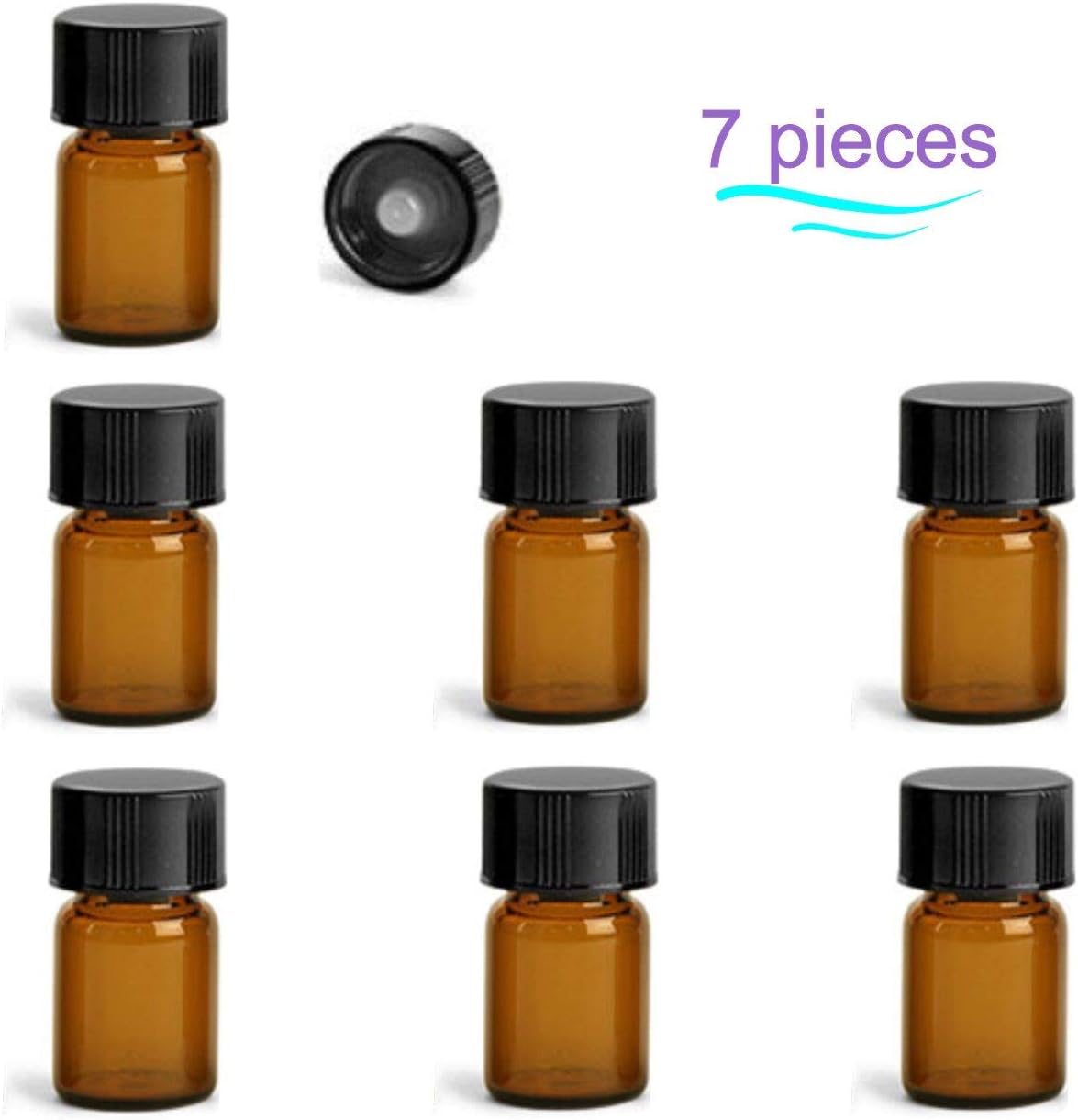 MagnaKoys 5/8 Dram 0.039 oz Amber Glass Vials with Black Phenolic Cone Lined Caps for Essential Oils & Liquids (Pack of 7)