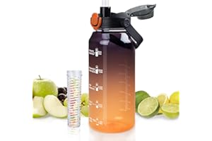 omedecal 64oz Sports Water Bottle with Fruit Infuser, 2 in 1 Straw and Chug Motivational Water Bottle with Time Marker, Half Gallon Large Water Jug with Handle for Travel Fitness Gym Outdoor (Black)