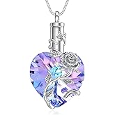 OCJ Heart Rose Flower Urn Necklace for Ashes Women Birthstone Cremation Necklaces Sterling Silver Memorial Cremation Jewelry Gifts
