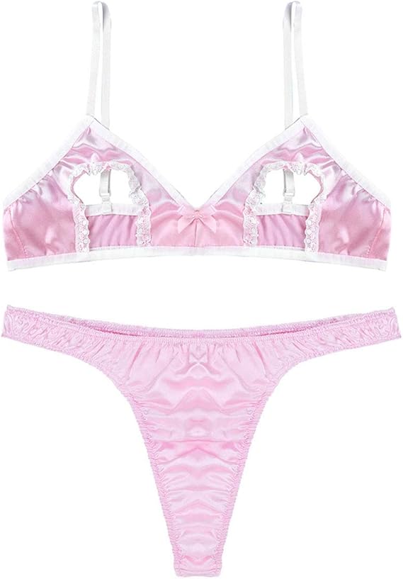 Lejafay Sissy Men's Adult Satin Frilly Hollow Out Nipples Bra Top Open