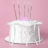 Riceshoot 6 Pcs White Bow Ribbon and Pearl Cake Topper, 5x7 Vintage Cupcake Decorating for Coquette Themed Party, Bridal Party Decoration, Birthday Valentine Candle Accessory, Engagement Dessert Decor