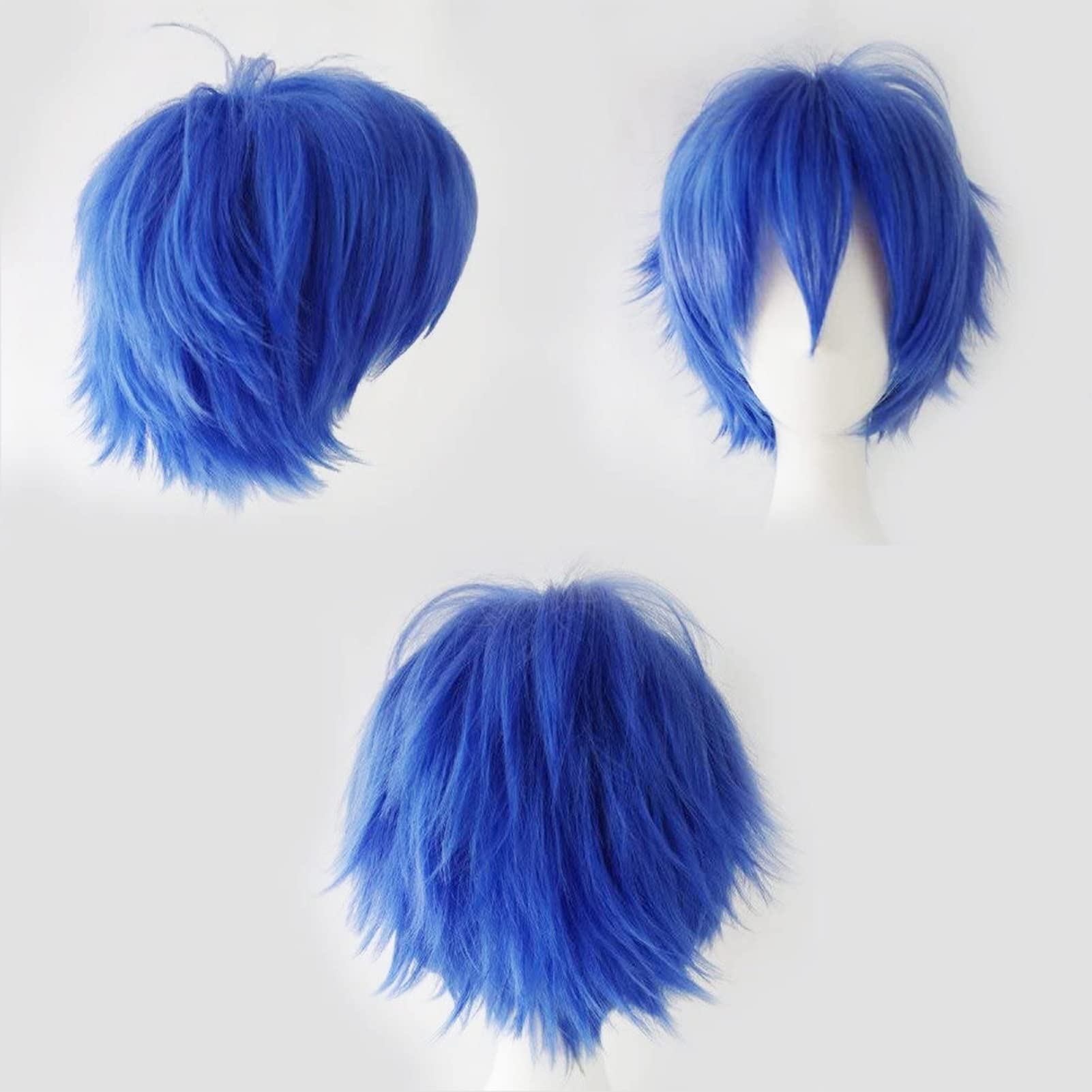 Cybelleza Anime Cosplay Wig - Short Blue Synthetic Curly Straight Layered Fluffy Wig for Women/Men - Free Cap, Dark Blue