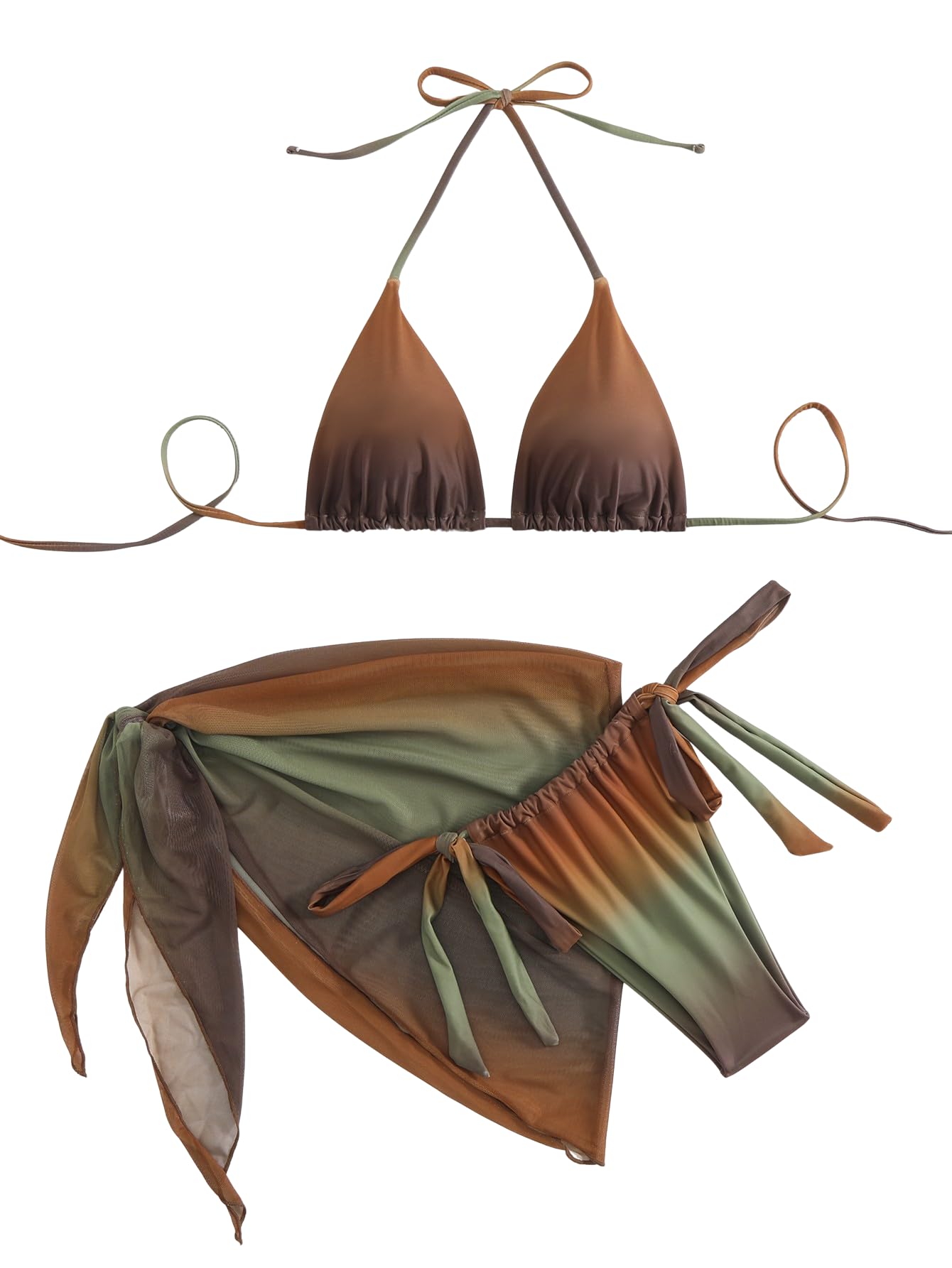 Photo 1 of SEGT Women's 3 Piece Swimsuit Triangle Halter Side Tie Thong Bikini Set with Cover Up Skirt Brown Green Multi L