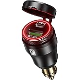 Kewig Aluminum DIN Plug to Dual QC3.0 USB & Type-C Quick Charger Waterproof Adapter for 12V-24V BMW Ducati Triumph Motorcycle Hella DIN Socket (Black with Red Light)