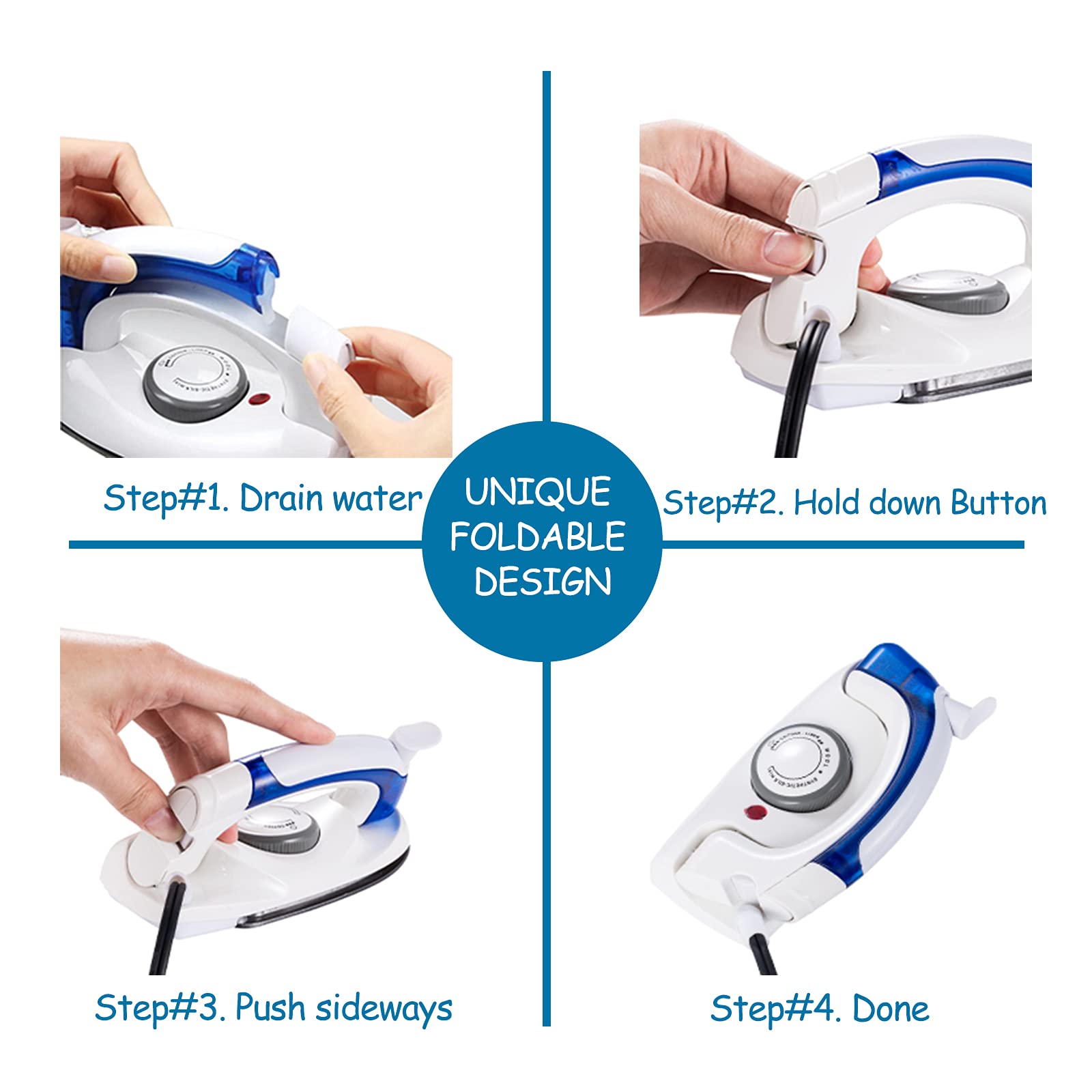 Travel Irons Portable Steam Irons for Clothes Handheld Steamer Mini Iron Non-Stick Sole Plate Dry Ironing and Steam Ironing Fast Heated up Detachable Water Tank