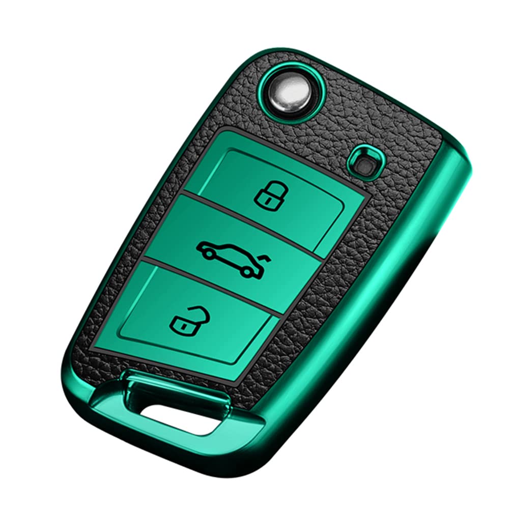 KUNIO Key Cover fit for VW Golf 7 MK7 Tiguan Polo T-Cross fit for Seat Leon Cupra Ateca Ibiza Key Cover fit for Skoda Fabia Octavia Folding Key Cover TPU Key Protection D Green