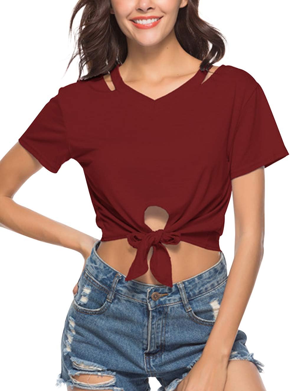 Women Teen Girls Striped Cute Crop Top Tie up Knot Belly Shirt Summer Tee T-Shirt Blouse Sale