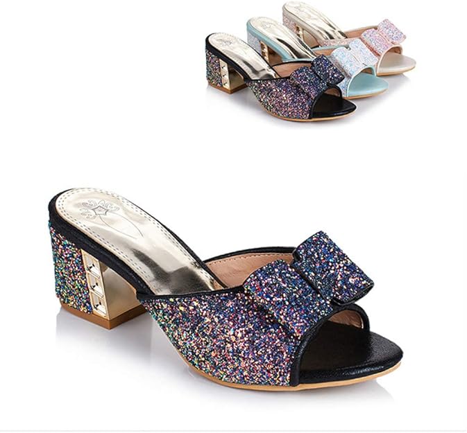 Amazon.com | Phil Betty Women Chunky Mid Block Heel Slide Sandals Glitters Bowknot Vamp Fashion 
