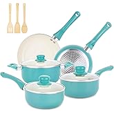 M MELENTA Pots and Pans Set Nonstick, 11pcs Kitchen Cookware Sets Induction Cookware, Ceramic Non Stick Cooking Set, Stay Cool Handle & Bamboo Kitchen Utensils, 100% PFOA Free, Turquoise