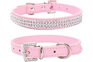 THAIN Basic Adjustable Dog Cat Collar Bling Rhinestones Shing Diamonds PU Leather with Rhinestones Buckle (XS(Length 8"-10"), Pink)