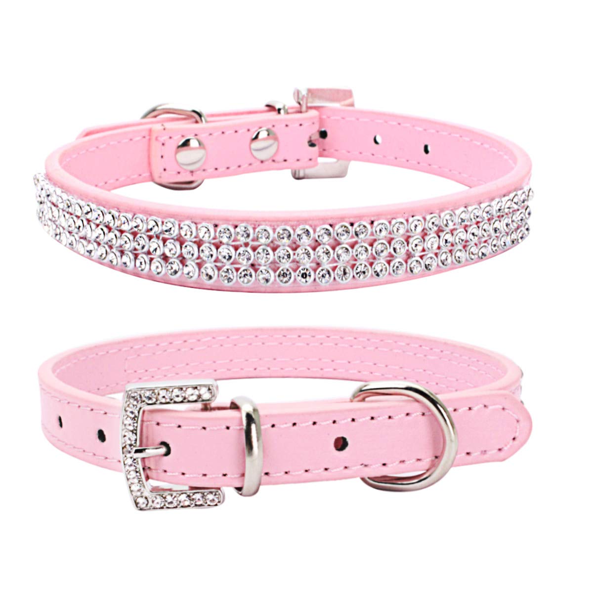 THAIN Basic Adjustable Dog Cat Collar Bling Rhinestones Shing Diamonds PU Leather with Rhinestones Buckle (S(Length 10"-13"), Pink)