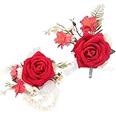 Syueblm Wrist Corsage and Boutonniere Set, Artificial Rose Corsage Wristlet and Boutonniere for Wedding Prom Party (Red, 1 Boutonniere&1 Wrist Corsage)