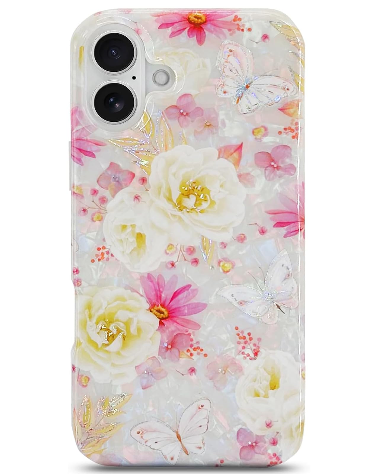 J.west Compatible with iPhone 16 Case 6.1",Luxury Sparkle Translucent Clear Opal Pearly Thinfoil Design Shiny Butterfly Floral Soft Silicone Cover for Women Girls Slim TPU Protective Phone Case