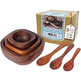 BestySuperStore Tiny Nesting Square Wood Bowls Mix Size 3¾”, 2¾”, 2⅛” Stackable Acacia Wooden Bowl Set with 3 spoons for serving salad dip sauce snack rice pasta cereal Decor Tableware Nest Dish Sets