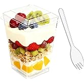 Toowood 50pcs Clear Dessert Cups with Lids and Spoons, 5.4oz Dessert Cups, Mini Cups Reusable Square Parfait Cup for Party Ap