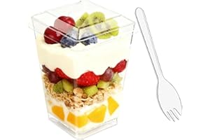 Toowood 50pcs Clear Dessert Cups with Lids and Spoons, 5.4oz Dessert Cups, Mini Cups Reusable Square Parfait Cup for Party Ap