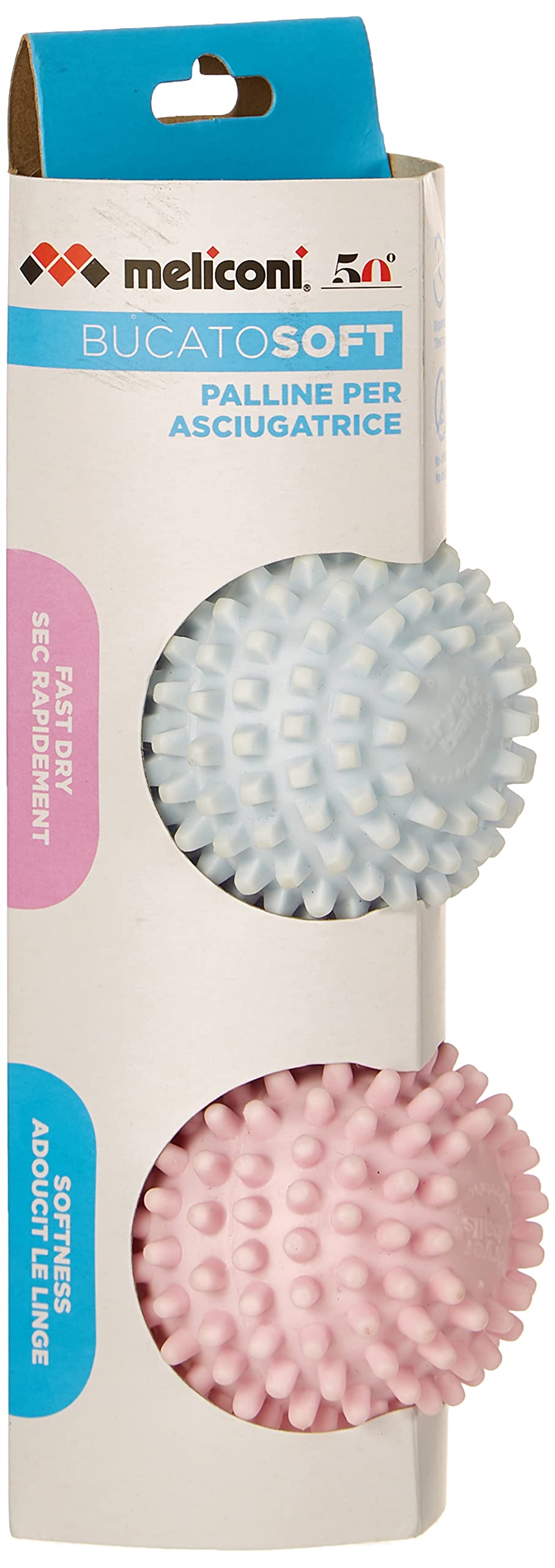 Meliconi Soft Laundry Balls for Dryer, Balls for Softening and Reducing Drying Time, Unlimited Use, 2 Balls, Pink and Blue