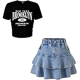 Cakaner Tween Girls Skirt Set Short Sleeve T-Shirt and Ruffle Tiered Denim Skirt Summer Casual 2 Piece Outfit Size 7-14
