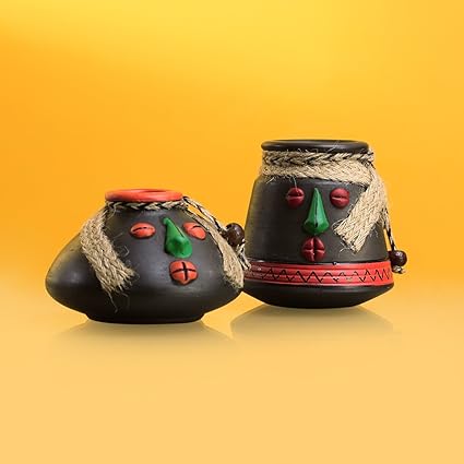 ExclusiveLane Tribal Rustic Pot Faces Home Decorative Terracotta Flower Pots (18.2 cm x 18.2 cm x 9.1 cm, Rustic Stone Black, Set of 2)
