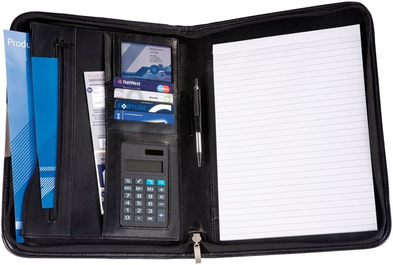 Cescahide AM0018 A4 Deluxe Zipped Bonded Leather Conference Folder with Calculator and Pad - Black