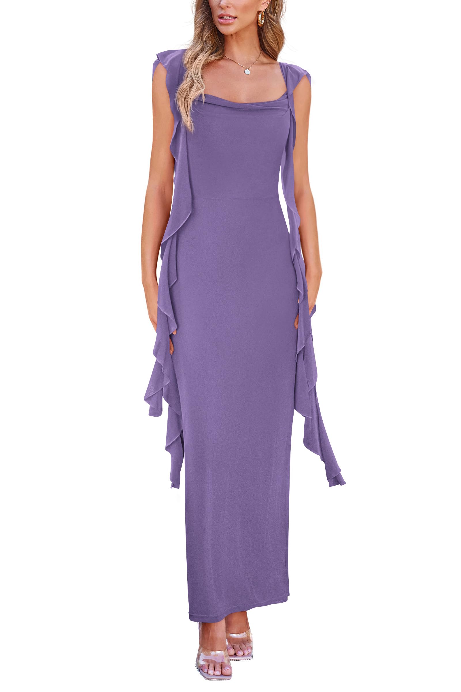 Photo 1 of (medium) (bagged) PRETTYGARDEN Women's Summer Long Formal Wedding Guest Dress Sleeveless Ruffle Cocktail Party Maxi Bodycon Dresses (Dusty Violet,Medium)