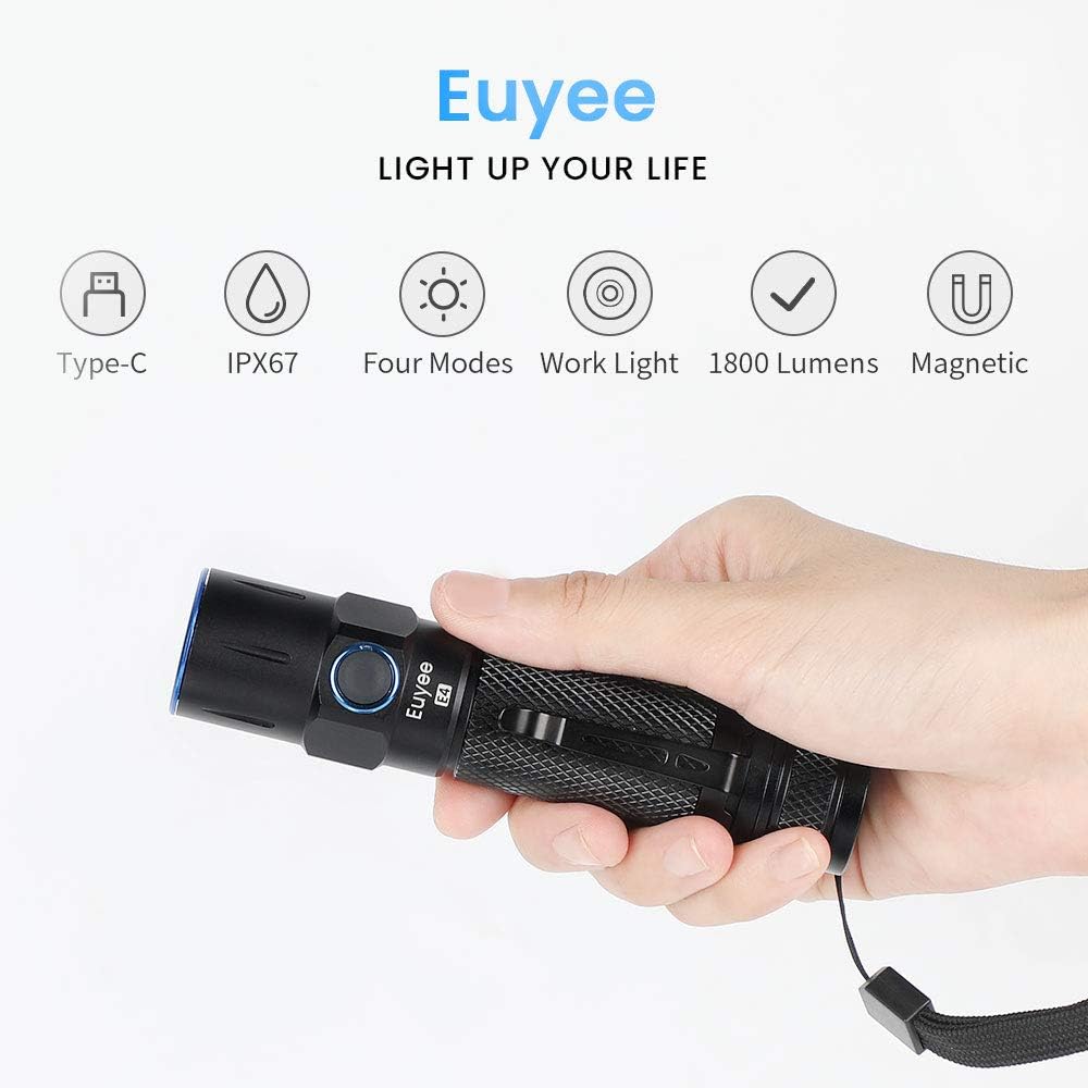 Euyee E4 Professional Outdoor Flashlight, High Powered LED Brightest 1800 Lumens Torch with 5 Modes, IPX67 Water Resistant, Optical lens.Best Choice for Camping, Outdoor, Emergency, EDC Flashlights - - 