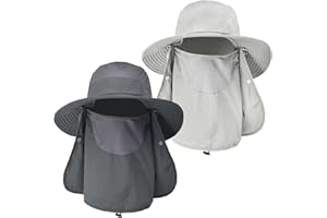 KIRAAT 2 Pack Mens Outdoor Wide Brim Fishing Hat,UPF 50+ Sun Protection Cap with Face Neck Flap for Hiking & Garden