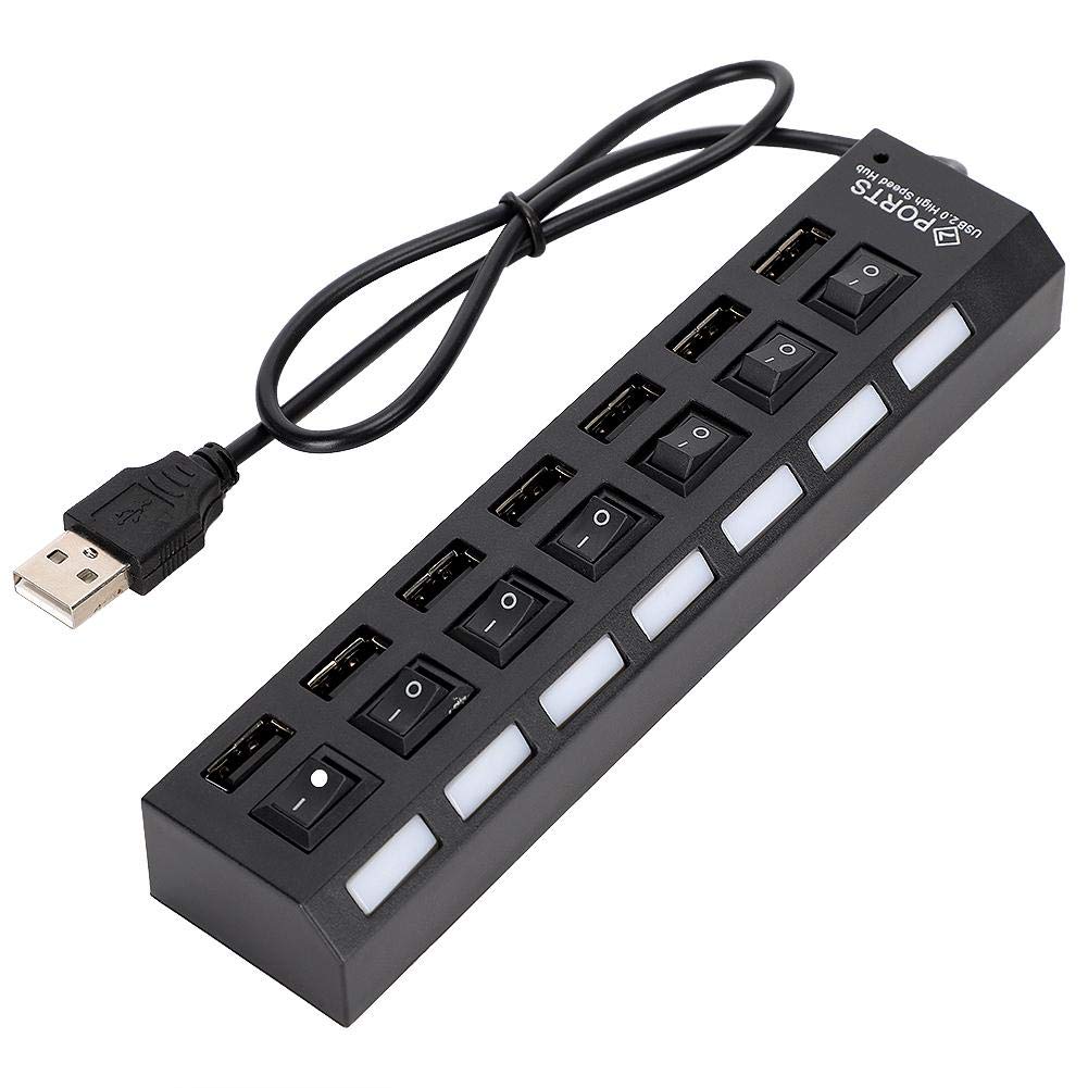 ASHATA Portable High Speed 7 Ports USB Hub Multifunctional 2.0 Hub Splitter Cable with Individual LED Power Switch for for PC, Laptop, Notebook, Tablet, Computer, etc