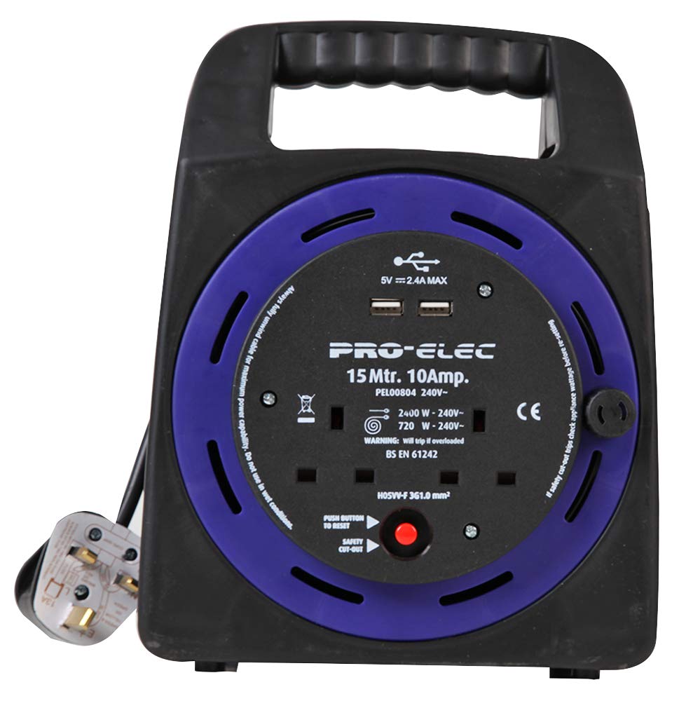 PRO ELEC PEL00804 – 2‑Gang Mains Extension Cassette Reel with USB, 15 m