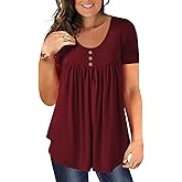 BeadChica Women's Plus Size Tunic Tops Casual Flowy Tshirts Ruched Botton Up Short Sleeve Blouses-Red-XL