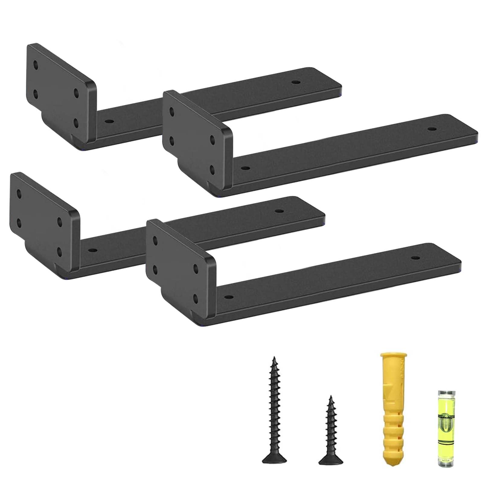 Stellastar Heavy Duty Floating Shelf Brackets 6 Pack - Industrial Metal L-Shaped Supports with Spirit Level & Hardware Kit, Scaffold Board Compatible Wall Mount Black (4-10inch)