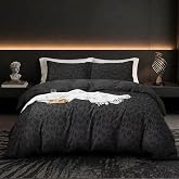 Tufted Black Leopard Duvet Cover Queen Size,2 Pillow Shams, No Comforter | Button Closure,4 Corner Ties, All Seasons, Lightweight, Extra Soft, Leopard Print Textured, Queen Duvet Cover Set 90x90 in