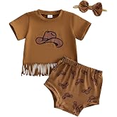Lucikamy Western Baby Girl Clothes Summer Short Sleeve Letter Tassel T Shirt Romper Bloomer Shorts Set Infant Country Outfit