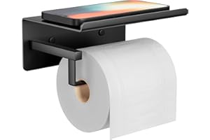 SUSSWIFF Adhesive Toilet Paper Holder - Wall-Mounted Toilet Paper Roll Holder with Phone Shelf, Rustproof No Nail Toilet Roll Holder with Shelf, Toilet Tissue Holder, Black