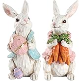 GoGnome Easter Bunny Figurines Set of 2 - Hand-Painted Resin Rabbit Decorations with Carrots and Easter Egg (White)